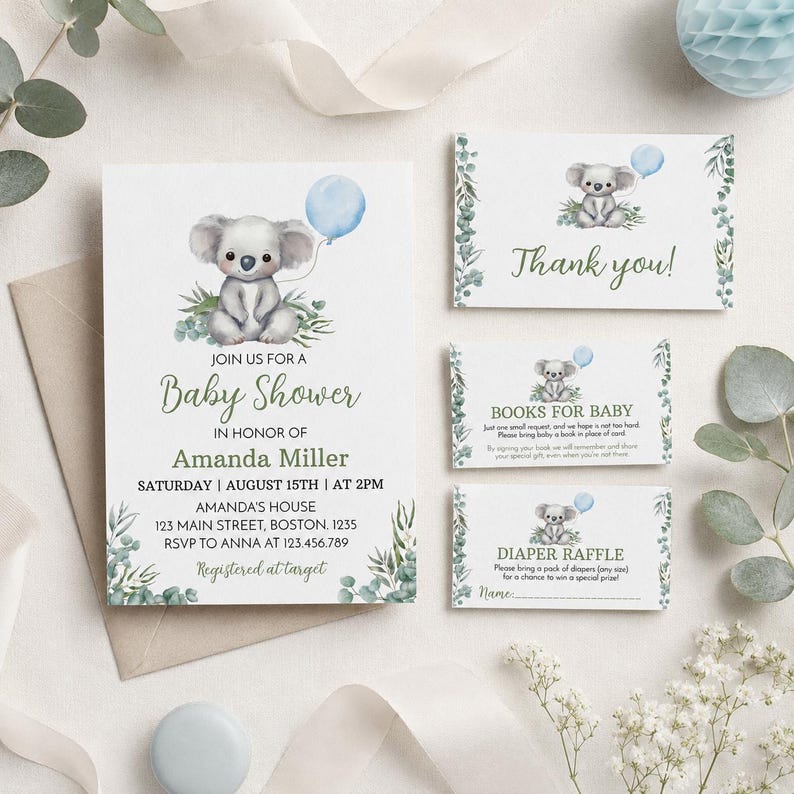 K&ouml;nnte beinhalten: Ein Babyparty-Einladungsset mit einem Aquarell-Koala, der einen blauen Luftballon h&auml;lt, umgeben von Eukalyptusbl&auml;ttern. Der Text enth&auml;lt Details f&uuml;r Amanda Miller, eine Dankeskarte, eine B&uuml;cherkarte und eine Windel-Tombola-Karte.