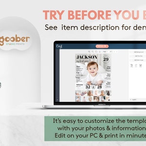 May include: A laptop computer displaying a Canva design template for a baby's first year. The template features a photo of a baby, the baby's name "Jackson", and the number "29". The text "TRY BEFORE YOU BUY! See item description for demo link" is displayed above the laptop.