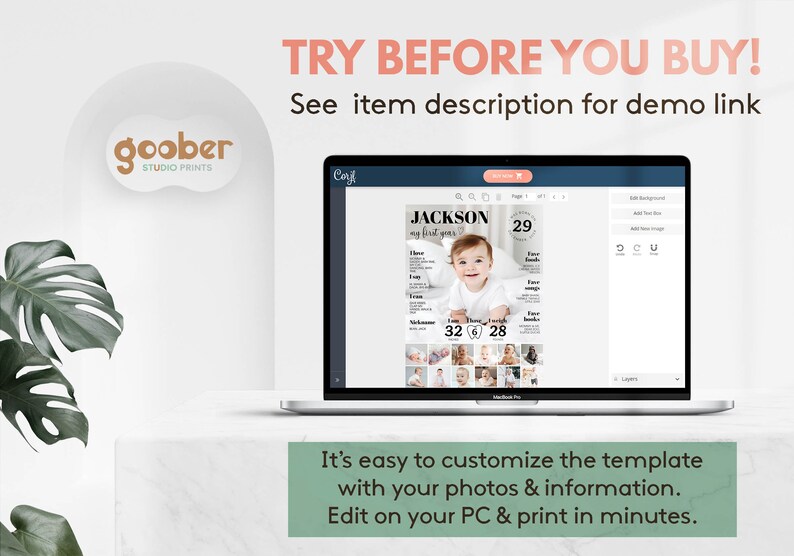 May include: A laptop computer displaying a Canva design template for a baby's first year. The template features a photo of a baby, the baby's name "Jackson", and the number "29". The text "TRY BEFORE YOU BUY! See item description for demo link" is displayed above the laptop.