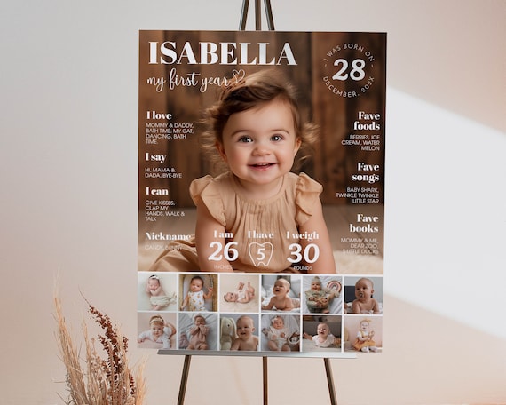 EDITABLE First Birthday Milestone Sign, Modern 1st Birthday Milestone Poster, One Year Photos Baby Milestone Board, Printable Template. MI01