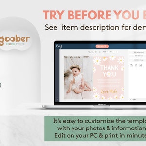 May include: A laptop screen displaying a pink and white thank you card template with daisies and the text "THANK YOU" and "Love, Mila". The template is being edited in Canva, a graphic design platform.