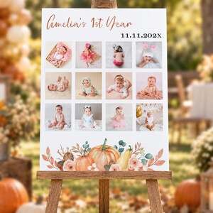 May include: A white rectangular sign titled Amelia's 1st Year with the date 11.11.202X, featuring a grid of twelve photographs of a baby in various outfits and poses, decorated at the bottom with watercolor illustrations of pumpkins and flowers.