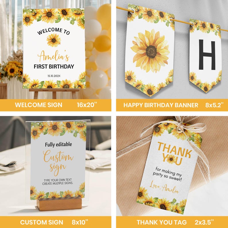 May include: A collection of sunflower-themed party decorations including a 16x20 inch welcome sign, a 8x5.2 inch happy birthday banner, an 8x10 inch custom sign, and a 2x3.5 inch thank you tag, all featuring yellow floral borders and text.
