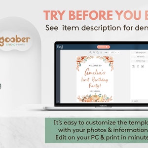 May include: A laptop screen displaying a digital template for a birthday sign with floral and pumpkin graphics. The text reads: TRY BEFORE YOU BUY! See item description for demo link, WELCOME TO Amelia's First Birthday Party! 11.11.2023, and It's easy to customise.