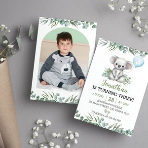 May include: A birthday invitation card featuring a watercolor koala, a blue balloon with the number 3, and green eucalyptus leaves. The text reads: Jonathan IS TURNING THREE! AUGUST 28 AT 2PM JONATHAN'S HOUSE 123 MAIN STREET, LAS VEGAS. 1235 RSVP TO JESSICA AT 123.456.789.