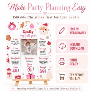 May include: An editable Christmas first birthday milestone board featuring pink and red holiday graphics, a central photo placeholder, and text sections for baby's favourites, height of 71 cm, and weight of 14 kg, with digital icons for editing.