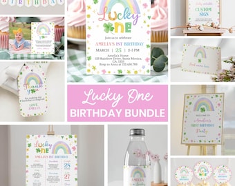 Bearbeitbare Einladungskarten zum 1. Geburtstag, St. Patrick's Day Pink Geburtstagsset für Mädchen, Pastellfarbene Regenbogen-Geburtstagsdeko-Vorlage. L008