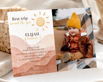 Bewerkbare uitnodiging voor de eerste verjaardag, Boho Sunshine 1e verjaardagskaart, printbaar sjabloon, direct te downloaden. S005