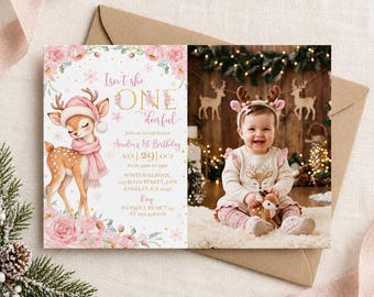 Winter Onederland Photo Invitation | Girl First Birthday Invite | Pink Deer Floral Birthday Invitation | Editable Birthday Template | D022