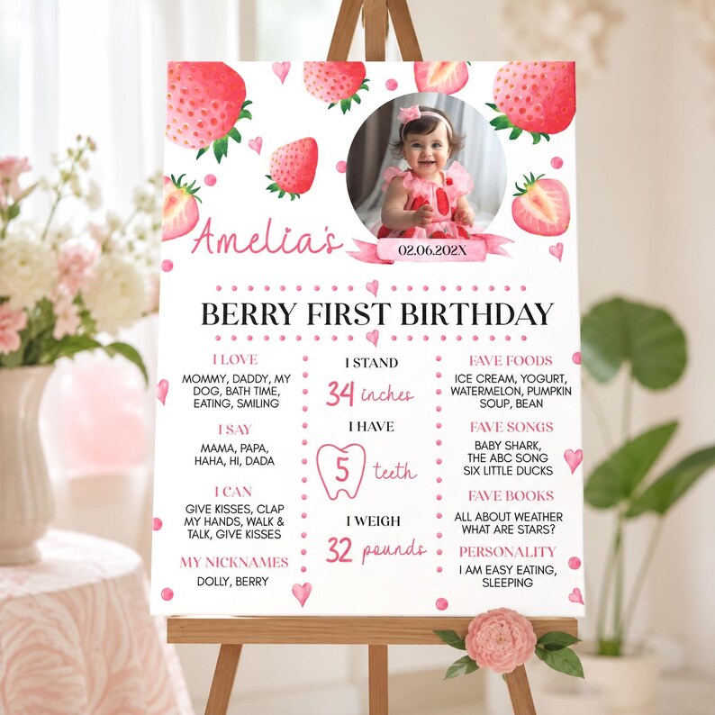 Op de afbeelding: Een wit verjaardagsbord met roze aardbeienillustraties, een ronde kinderfoto en tekst waaronder Amelia's Berry First Birthday, 34 inches, 5 teeth en 32 pounds, weergegeven op een houten ezel met roze bloemaccenten.