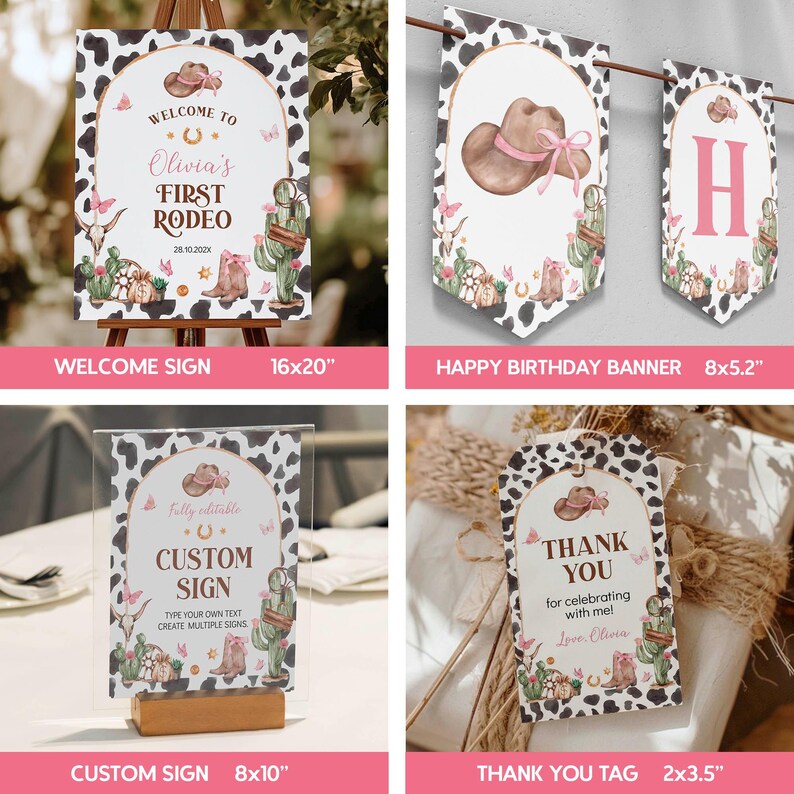 May include: A collection of party stationery featuring a cow print border and western-themed illustrations including a brown cowboy hat with a pink ribbon, a cactus, and a skull. The items include a 16x20 inch welcome sign, a banner, an 8x10 inch sign, and a 2x3.5 inch tag.
