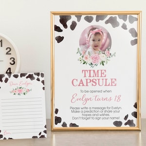 EDITÁVEL Vaca Sagrada, sou um modelo de cápsula de tempo, sinal de cápsula de tempo de primeiro aniversário de vaca, nota de cápsula de tempo de fazenda floral, download instantâneo. C009