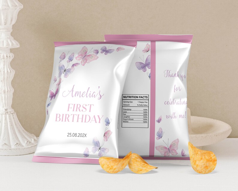 EDITABLE Butterfly Birthday Party Chip Bag Butterfly 1st - Etsy