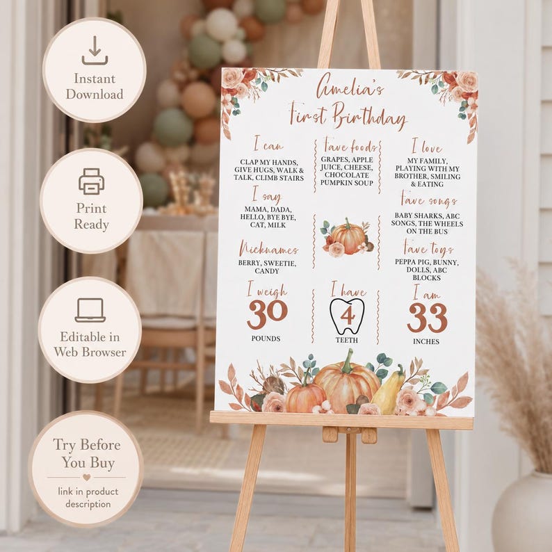 EDITABLE Little Pumpkin First Birthday Milestone Board, Fall 1st Birthday Sign, Boho Pumpkin Milestone Poster, Printable Template. P004 image 2