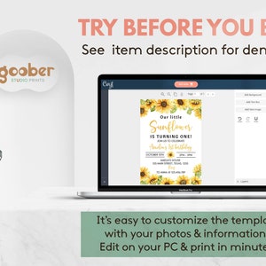 May include: A laptop screen displaying a customizable digital birthday invitation template featuring yellow sunflower illustrations and black text that reads Our little Sunflower IS TURNING ONE! along with event details and a demo link.