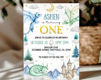 Invitación de cumpleaños de dragón / Invitación editable para primer cumpleaños de dragón / Plantilla imprimible de cumpleaños de fantasía para niño. D020