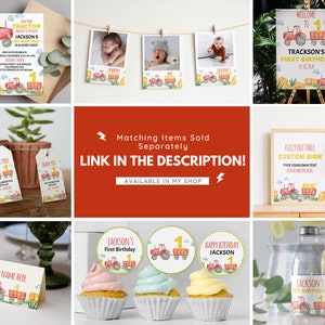 Puede incluir: Una colecci&oacute;n de art&iacute;culos para fiestas con tem&aacute;tica de tractor que incluye invitaciones, tarjetas con fotos, carteles de bienvenida, etiquetas de agradecimiento, letreros de comida, adornos para cupcakes y etiquetas para botellas.
