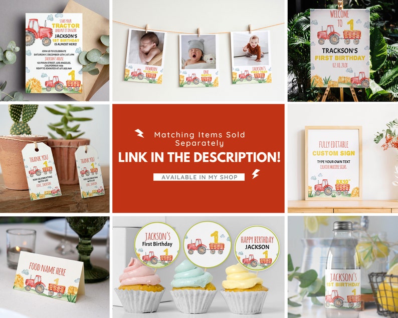 Puede incluir: Una colecci&oacute;n de art&iacute;culos para fiestas con tem&aacute;tica de tractor que incluye invitaciones, tarjetas con fotos, carteles de bienvenida, etiquetas de agradecimiento, letreros de comida, adornos para cupcakes y etiquetas para botellas.