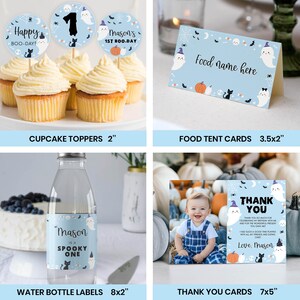 May include: A collection of light blue Halloween-themed party supplies featuring ghosts, pumpkins, and black cats. Includes 2-inch cupcake toppers, 3.5x2-inch food tent cards, 8x2-inch water bottle labels, and 7x5-inch thank you cards with text.