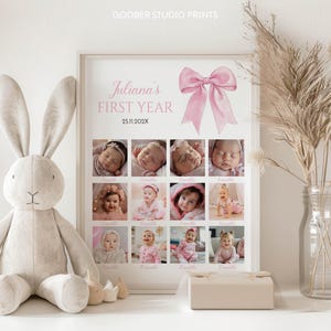 Collage de fotos editable con lazo rosa para el primer año, foto del primer cumpleaños de una niña, decoración minimalista para fiesta en rosa, póster de cumpleaños, imprimible. P017