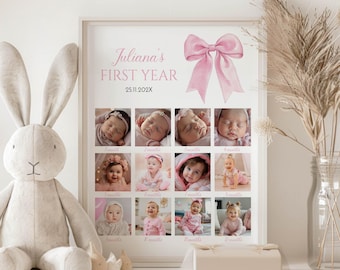 Editable Pink Bow 1st Year Photo Collage, Girl First Birthday Photo Milestone, Minimal Pink Party Decor, Birthday Poster, Printable. P017