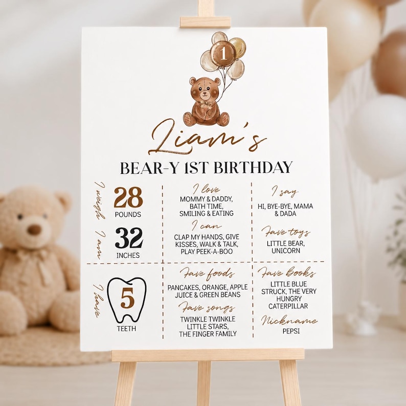 Puede incluir: Un cartel de cumplea&ntilde;os blanco con un oso de peluche marr&oacute;n que sostiene globos con el n&uacute;mero uno. El texto dice Liam's BEAR-Y 1ST BIRTHDAY, enumerando estad&iacute;sticas como 28 pounds, 32 inches, 5 dientes, comidas, canciones, libros y juguetes favoritos.