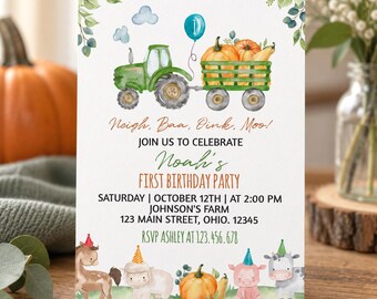 May include: A white birthday invitation card featuring a green tractor pulling a wagon of pumpkins, a blue balloon with the number one, and farm animals wearing party hats. Text includes "Neigh, Baa, Oink, Moo!", "Noah's First Birthday Party", and event details.