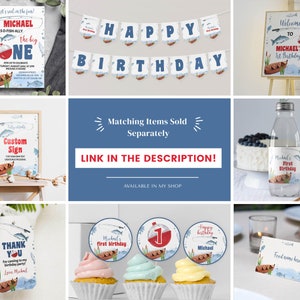 May include: A set of printable party decorations for a first birthday with a fishing theme. The decorations include a banner, welcome sign, cupcake toppers, water bottle labels, and a thank you tag. The decorations feature a red and white fishing bobber, a fishing rod, and blue and white fish.