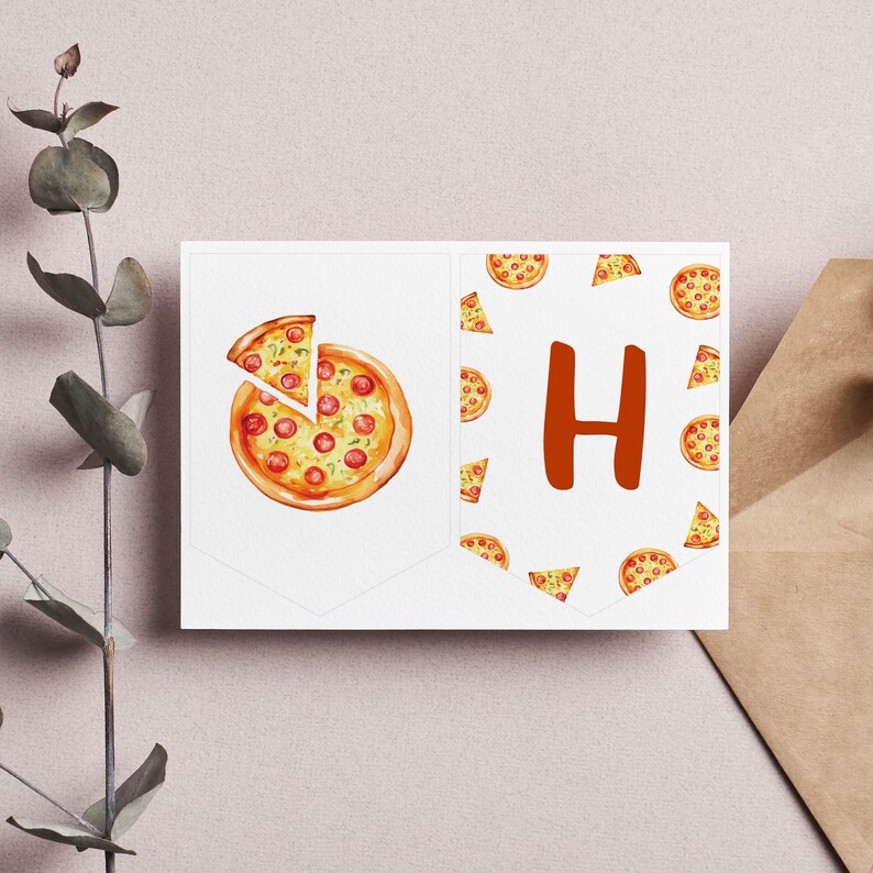 May include: A white banner with a pizza slice and a whole pizza on the left side. The right side of the banner has a white background with a repeating pattern of pizza slices and the letter "H" in orange.