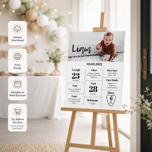 EDITABLE First Birthday Milestone Sign, Modern 1st Birthday Milestone Poster, One Year Photo Baby Milestone Board, Printable Template. M004 image 2