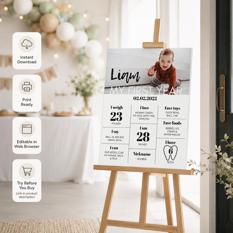 EDITABLE First Birthday Milestone Sign, Modern 1st Birthday Milestone Poster, One Year Photo Baby Milestone Board, Printable Template. M004 image 2