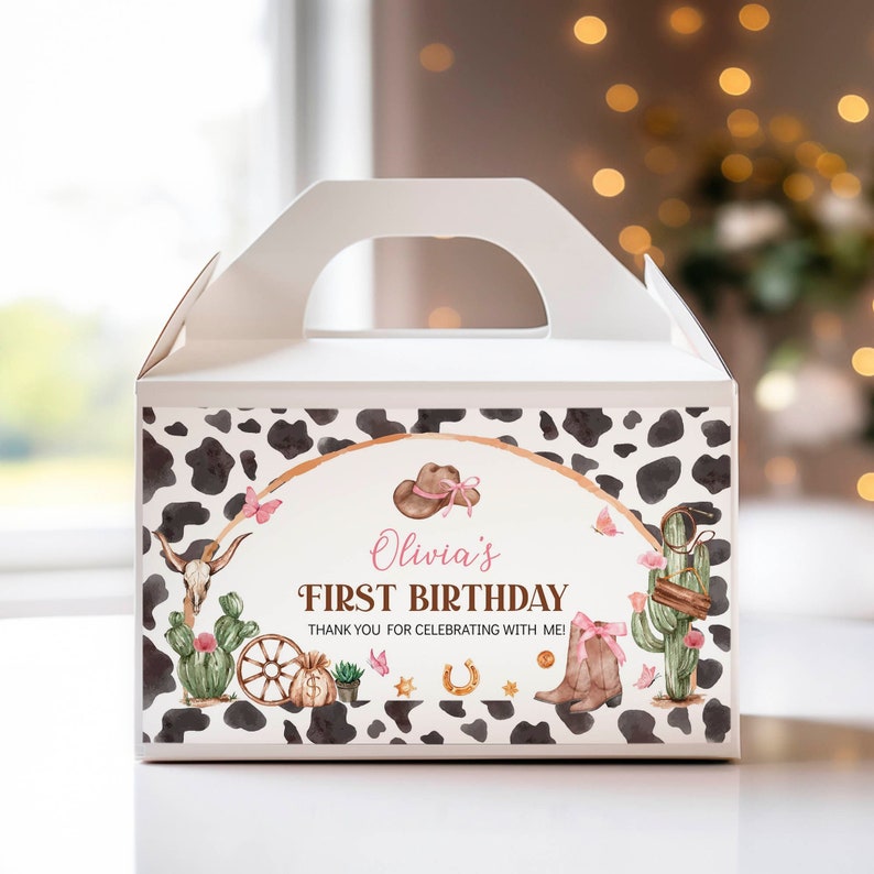 EDITABLE Cowgirl Birthday Party Gable Gift Box Label, My First Rodeo Favor Box Gable Label, Western Birthday Party Favor, Printable. C011