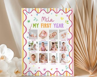 Editable Fun to Be One First Year Photo Collage | One Is Fun Monthly Photo Board | Colorful Rainbow Birthday Poster | Instant Download. O018