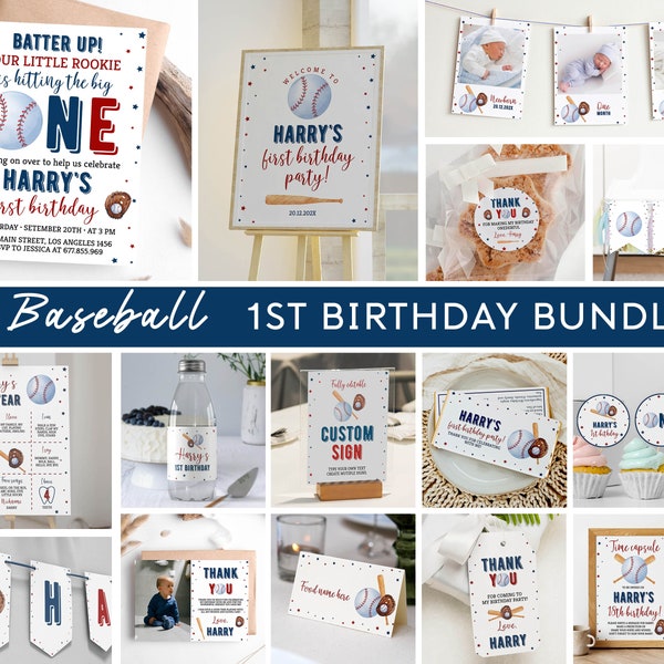 Editable Baseball Birthday Invitation Bundle, Sports 1st Birthday Party Kit, Boy Birthday Decor Package, Instant Download. B005