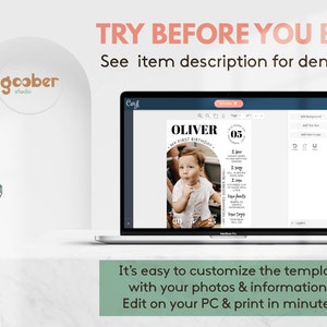 May include: A laptop screen displaying a customizable first birthday invitation template with a photo of a child. The template features a black and white design with the text "Oliver, My First Birthday" and a circle with the number "05". The text "TRY BEFORE YOU BUY! See item description for demo link" is displayed above the laptop.