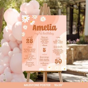 May include: A peach-colored milestone poster for a first birthday featuring white daisy illustrations. The text includes the name Amelia, birth details, weight of 28 pounds, height of 30 inches, five teeth, favorite foods, songs, and toys.