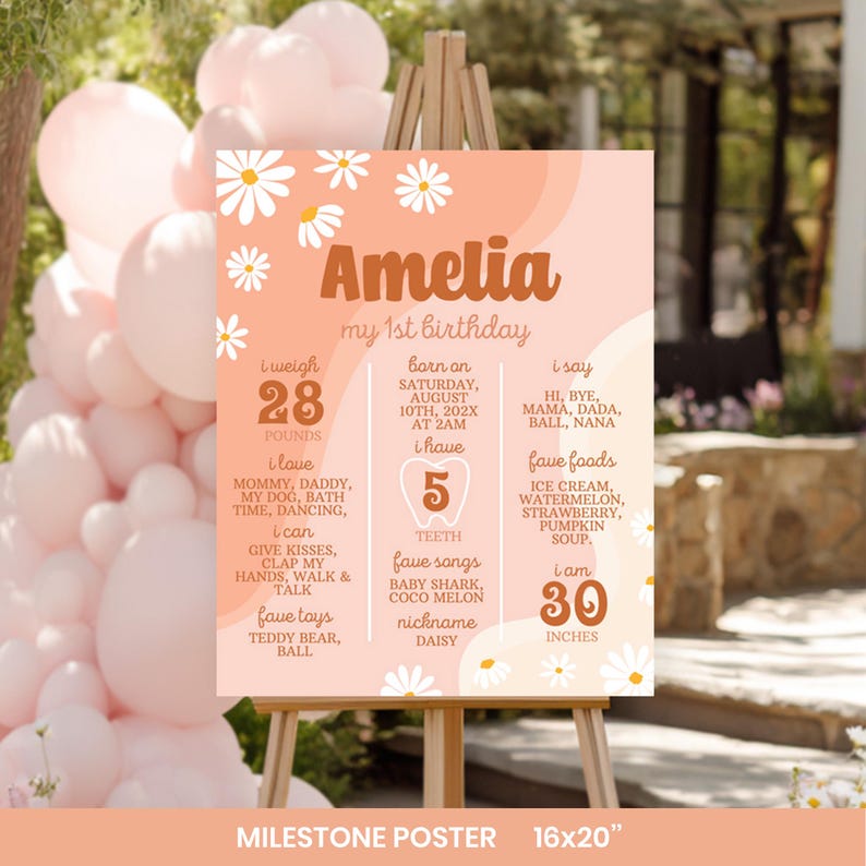 May include: A peach-colored milestone poster for a first birthday featuring white daisy illustrations. The text includes the name Amelia, birth details, weight of 28 pounds, height of 30 inches, five teeth, favorite foods, songs, and toys.