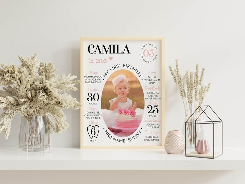 May include: A rectangular framed milestone poster for a first birthday featuring the name Camila, a central oval photo of a child with a cake, and text detailing birth date, weight of 30 pounds, height of 25 inches, and six teeth.