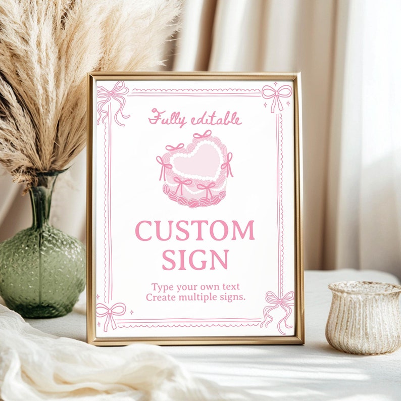 Pink Coquette Bow Party Sign, Watercolor Pink Bow Custom Sign, Pink Coquette Girl Birthday Decor, Sweetheart Birthday Decor Template. C014
