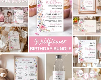 Wildflower Birthday Invitation Bundle, Little Wildflower 1st Birthday Kit, Pink Girl Floral Birthday Party Package, Printable. W019