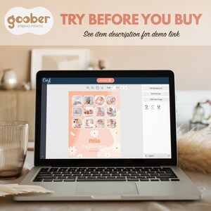 May include: A laptop displays a digital design template for a baby's first year, featuring a collage of photos, the name "Mila," and the text "my first year." The screen also shows editing tools. The top of the screen reads "TRY BEFORE YOU BUY."