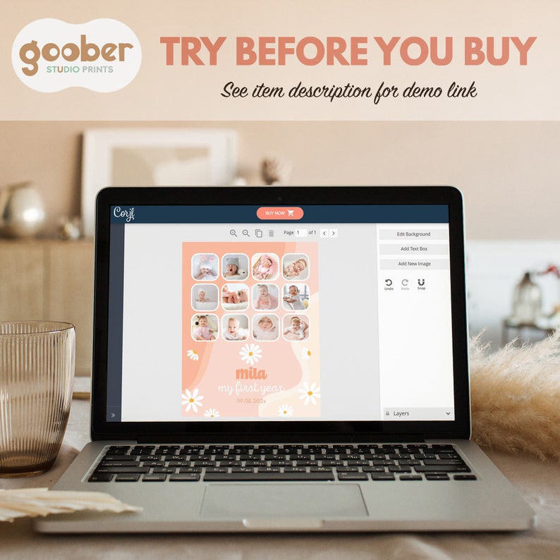 May include: A laptop displays a digital design template for a baby's first year, featuring a collage of photos, the name "Mila," and the text "my first year." The screen also shows editing tools. The top of the screen reads "TRY BEFORE YOU BUY."