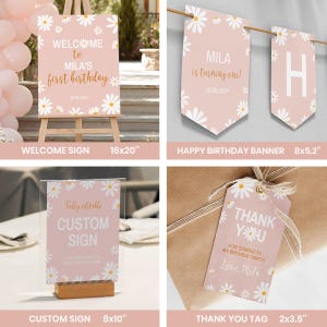May include: A collection of party stationery featuring a light pink background with white daisy patterns. Items include a 16x20 inch welcome sign, a 8x5.2 inch banner, an 8x10 inch custom sign, and a 2.5x3.5 inch thank you tag with gold text.