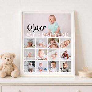 Pu&ograve; includere: Una cornice bianca contenente un collage fotografico intitolato Oliver My First Year, con un'immagine grande di un bambino in alto e dodici foto numerate pi&ugrave; piccole che mostrano le tappe mensili del primo anno in una griglia.