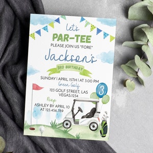 May include: A rectangular birthday invitation card featuring a watercolor golf theme with a golf cart, clubs, a flag, and balloons. The text reads: Let's PAR-TEE PLEASE JOIN US FORE Jackson's 3RD BIRTHDAY SUNDAY APRIL 15TH AT 3:00 PM Green Golf 123 GOLF STREET, LAS VEGAS.1234 RSVP ASHLEY BY APRIL 10 AT 123.456.789.