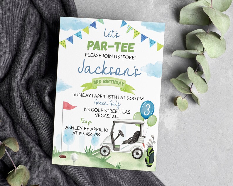 May include: A rectangular birthday invitation card featuring a watercolor golf theme with a golf cart, clubs, a flag, and balloons. The text reads: Let's PAR-TEE PLEASE JOIN US FORE Jackson's 3RD BIRTHDAY SUNDAY APRIL 15TH AT 3:00 PM Green Golf 123 GOLF STREET, LAS VEGAS.1234 RSVP ASHLEY BY APRIL 10 AT 123.456.789.