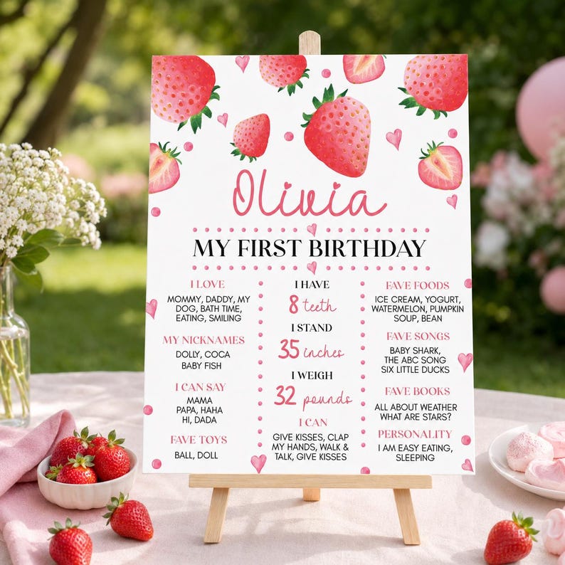 May include: A white birthday milestone sign featuring watercolor strawberries and pink hearts. The text reads Olivia My First Birthday, listing facts like 8 teeth, 35 inches, and 32 pounds, alongside categories for favorite foods, songs, books, and personality traits.