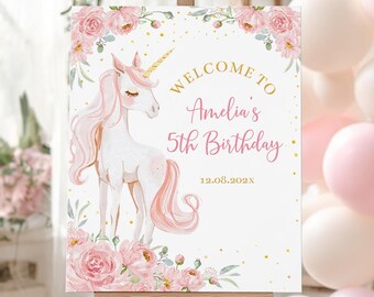 EDITABLE Unicorn 1st Birthday Welcome Sign, Girl Birthday Sign, Unicorn and Rainbow Welcome Sign, Girl Birthday Board, Printable. U004