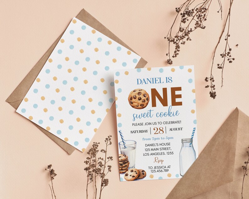 May include: A birthday invitation with a cookie theme. The invitation reads "DANIEL IS ONE sweet cookie" with a chocolate chip cookie graphic. The invitation is white with blue and gold polka dots. An envelope with a polka dot pattern is also visible.