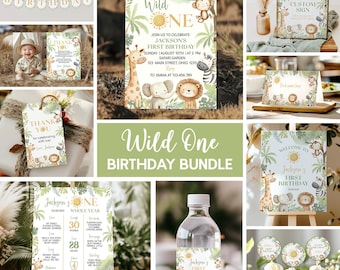 Editable Wild One Birthday Invitation Kit, Safari 1st Birthday Invitation Bundle, Wild One Theme Birthday Party Package, Printable. A010